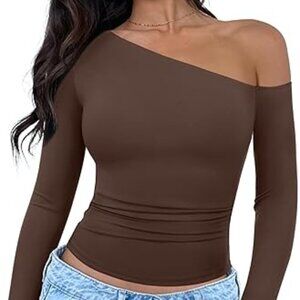 🔥Y2K  Brown Off-Shoulder Long Sleeve Top – Slim Fit Double-Lined (Small,NWT)